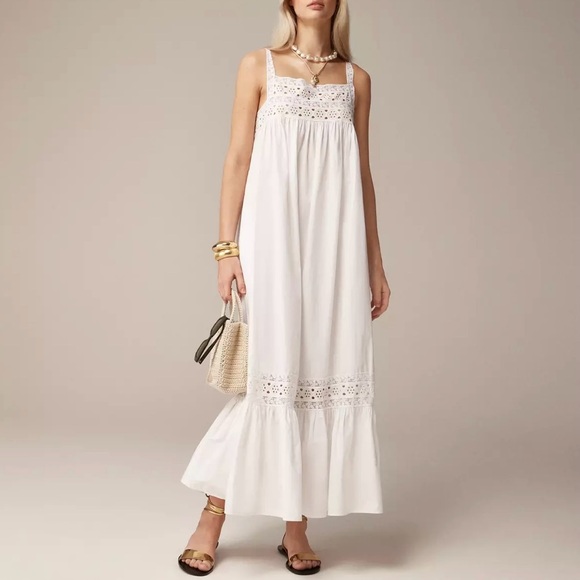 J. Crew Athena Lace Trim Square Neck Poplin Cotton Maxi Dress White Sz M NWT - Picture 1 of 14